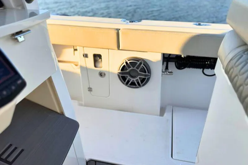 Slide: The Image of 2023 Solace 32 CS boat interior with sleek design and modern features. - 51
