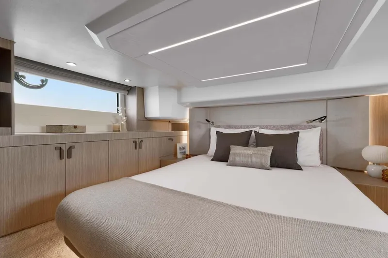 Slide: The Image of Manufacturer Provided Image: Luxurious bedroom interior of 2026 Prestige F4.3 yacht with modern design and elegant decor. - 10