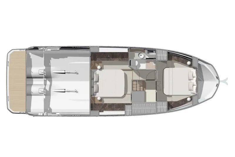 Slide: The Image of Manufacturer Provided Image: Top view layout of 2026 Prestige F4.3 yacht interior, featuring bedrooms and bathroom. - 13