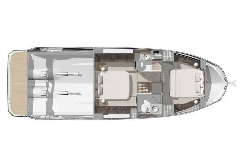 Slide: The Image of Manufacturer Provided Image: Top view layout of 2026 Prestige F4.3 yacht, featuring two bedrooms and bathrooms. - 14