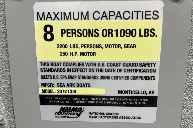 Slide: The Image of SeaArk 2072 CUB 2025 boat capacity label, 8 persons or 1090 lbs, 250 HP motor. - 14