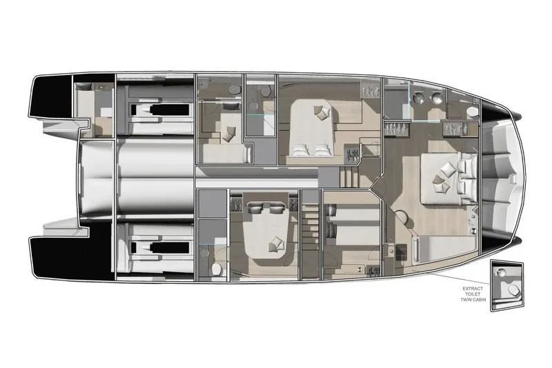 Slide: The Image of Manufacturer Provided Image: Floor plan of the 2026 Prestige M7 yacht, showcasing luxurious cabin layout. - 11