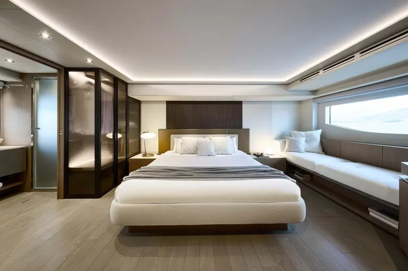 Slide: The Image of Manufacturer Provided Image: Luxurious bedroom interior of 2026 Prestige M7 yacht with modern design and ambient lighting. - 5