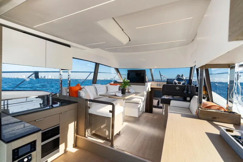 Slide: The Image of Luxurious interior of 2020 Prestige 420 yacht with modern furnishings and ocean view. - 22