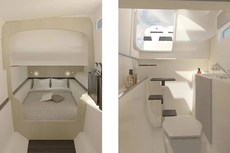 Slide: The Image of Manufacturer Provided Image: 2026 Four Winns TH33 interior with cozy bedroom and modern bathroom design. - 4