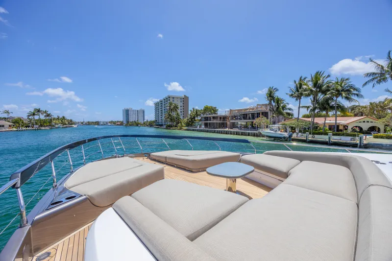 Slide: The Image of 2023 Azimut S8 yacht with luxurious deck seating, overlooking a scenic waterfront view. - 22