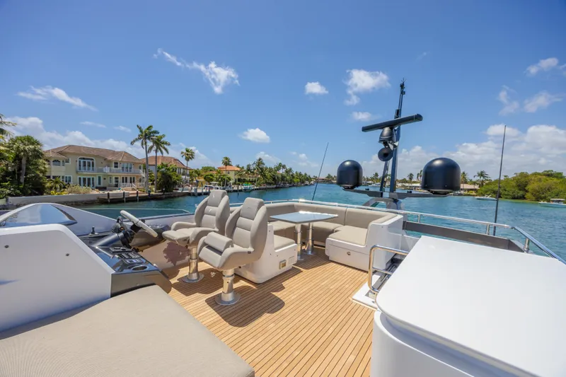 Slide: The Image of Luxury Azimut S8 yacht deck with seating, 2023 model, under clear blue sky. - 24