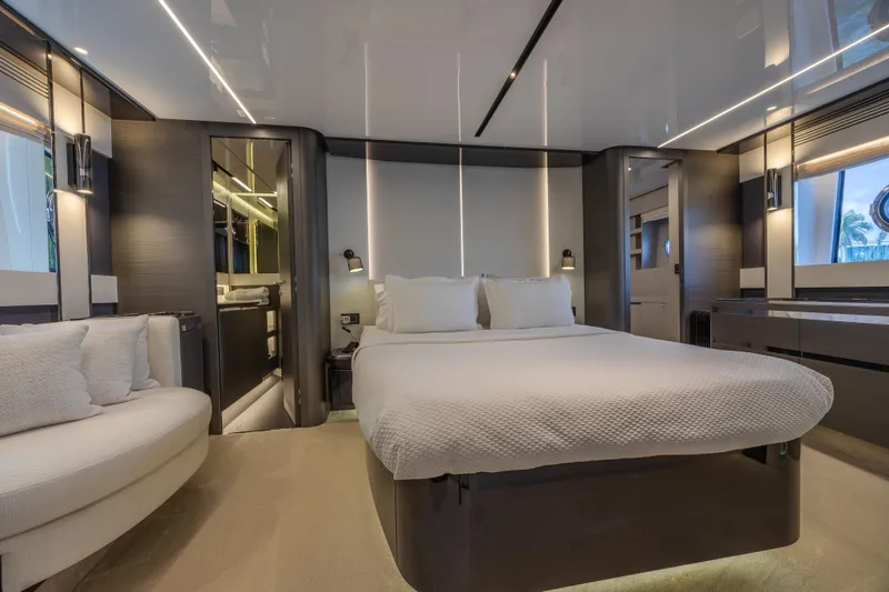 Slide: The Image of Luxurious bedroom interior of 2023 Azimut S8 yacht with modern design and elegant furnishings. - 49