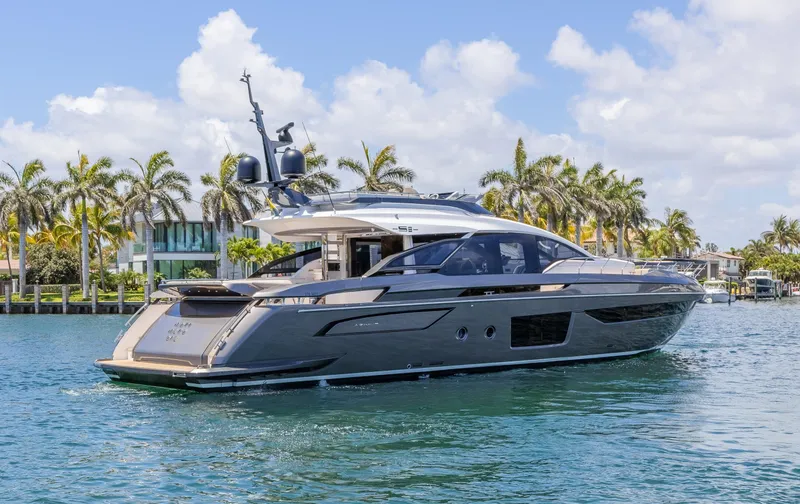 Slide: The Image of 2023 Azimut S8 yacht cruising on a sunny day with palm trees in the background. - 9