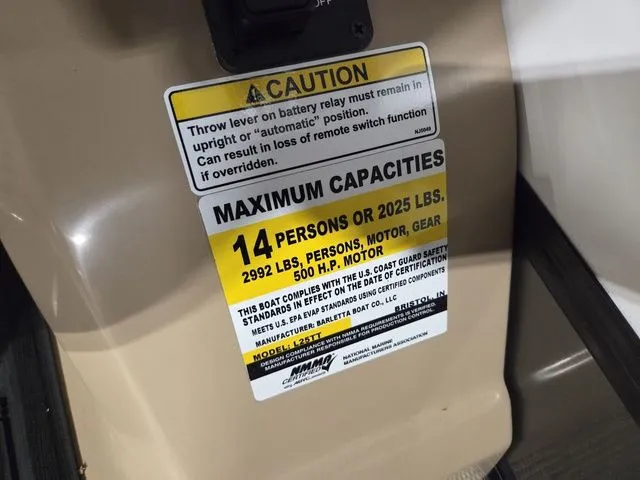 Slide: The Image of Safety label on Barletta Lusso 25UE boat, capacity: 14 persons, 2025 lbs. - 36