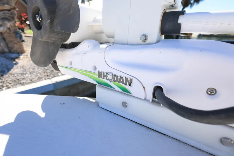 Slide: The Image of Close-up of a Rhodan trolling motor on a 2005 Jupiter 38 FS boat. - 31