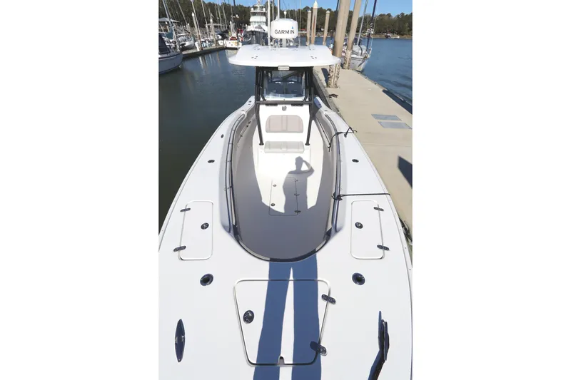 Slide: The Image of 2021 Cape Horn 31 T boat docked at marina, top view. - 11