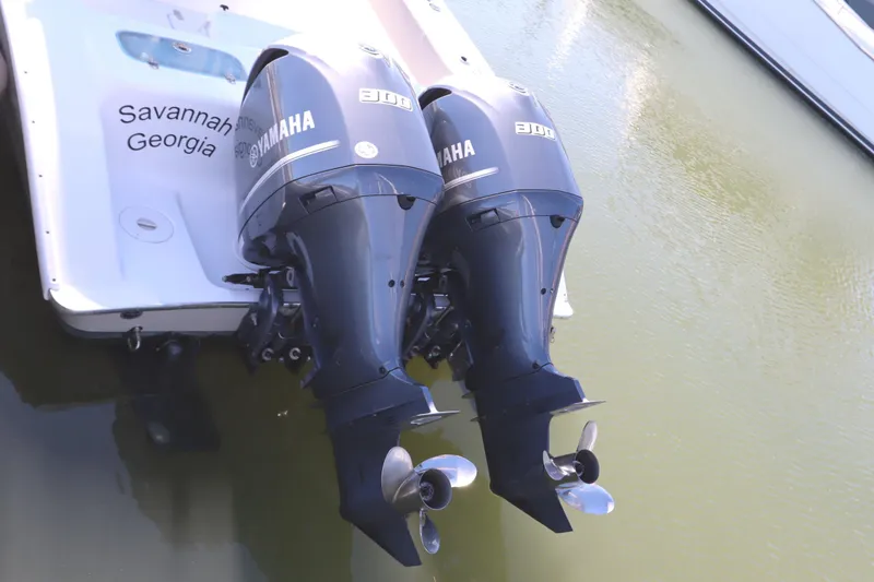 Slide: The Image of Twin Yamaha outboard motors on a 2021 Cape Horn 31 T boat, Savannah, Georgia. - 6