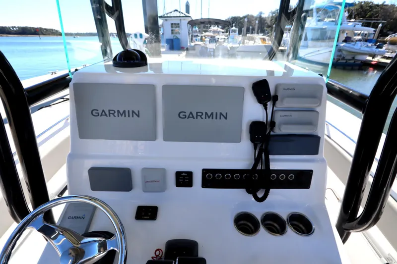 Slide: The Image of Center console of 2021 Cape Horn 31 T boat with Garmin navigation system. - 21