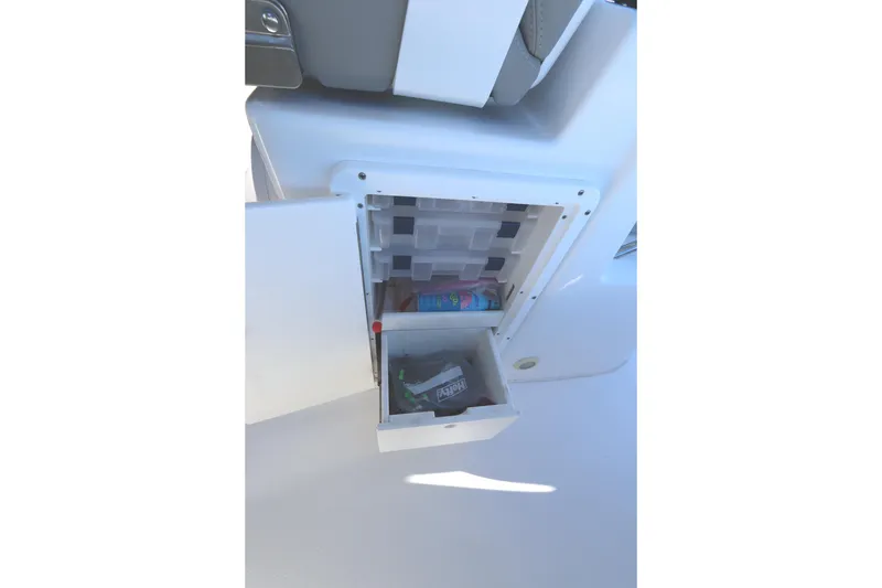 Slide: The Image of 2021 Cape Horn 31 T boat storage compartment with open door, showing organized interior. - 46
