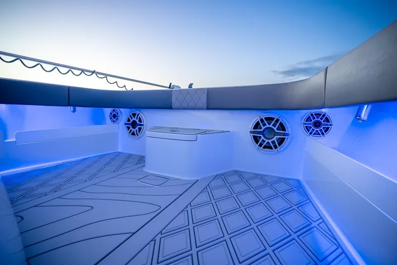Slide: The Image of Luxurious interior of 2025 Freeman 43 boat with blue LED lighting and modern design. - 11