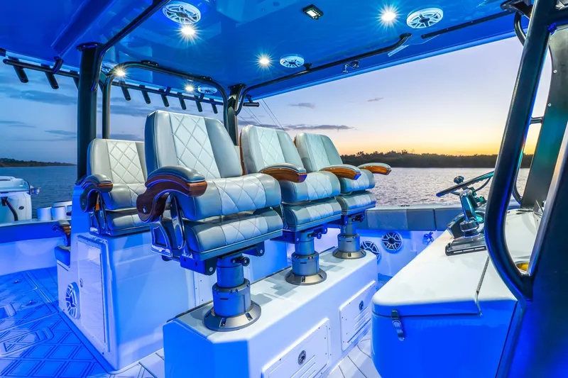 Slide: The Image of Luxurious interior of 2025 Freeman 43 boat with elegant seating and ambient lighting. - 41