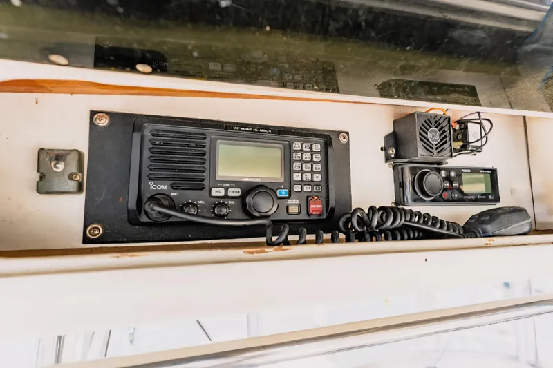 Slide: The Image of VHF marine radio equipment on 1988 Ocean Yachts 48 Super Sport boat. - 12