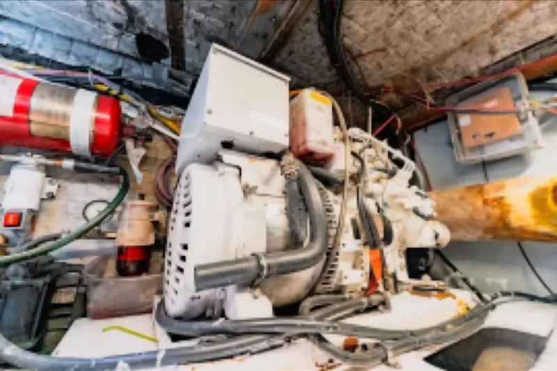 Slide: The Image of Engine room of 1988 Ocean Yachts 48 Super Sport with visible machinery and fire extinguisher. - 39