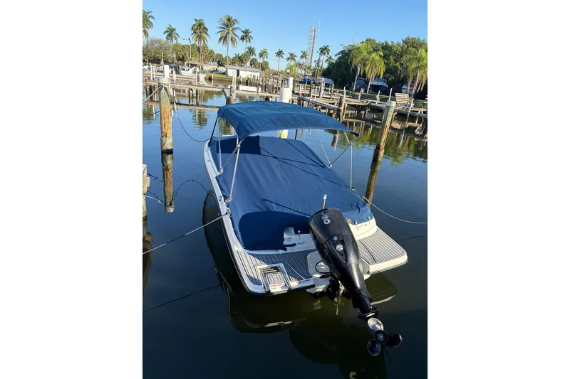 Slide: The Image of 2022 Sea Ray 19 SPX OB boat docked with blue cover and outboard motor. - 19