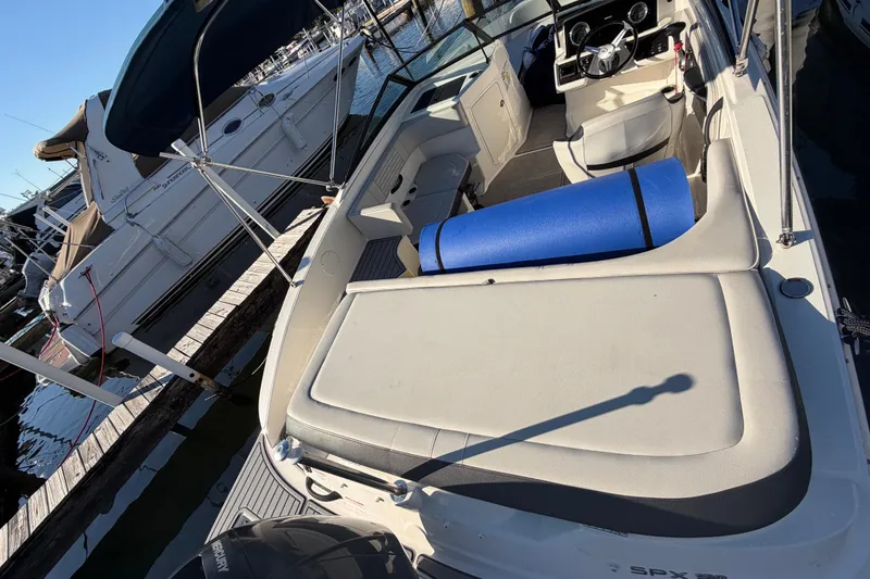 Slide: The Image of 2022 Sea Ray 19 SPX OB boat docked, featuring spacious seating and a blue mat. - 9