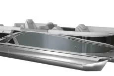 Slide: The Image of 2026 Tahoe Pontoon 23 LTZ Quad Lounge interior with plastic-covered seats, snowy background. - 18