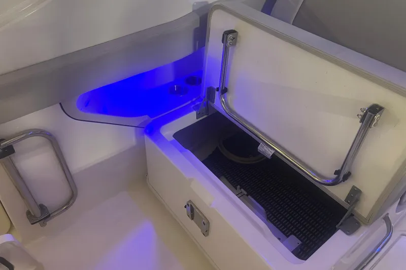 Slide: The Image of 2023 Boston Whaler 280 Vantage boat storage compartment with blue LED lighting. - 31