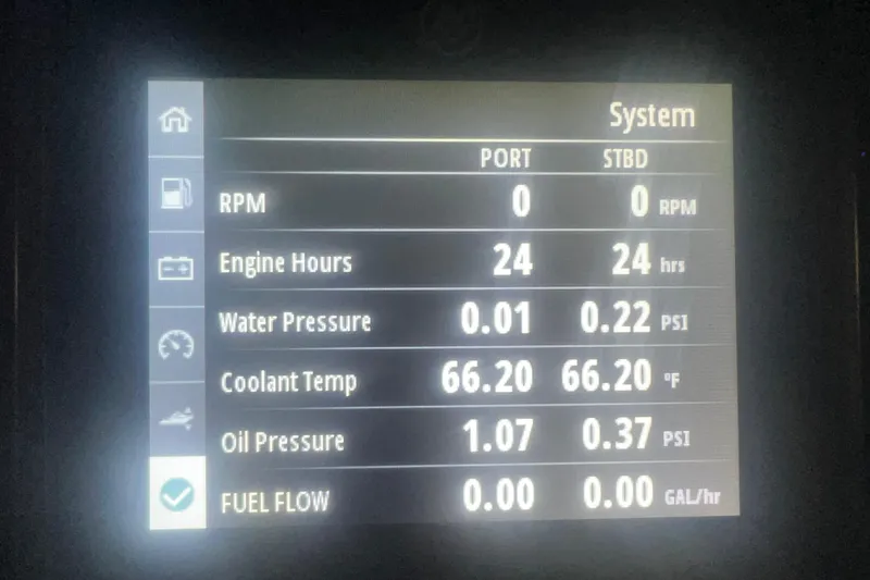 Slide: The Image of 2023 Boston Whaler 280 Vantage system display showing engine metrics and performance data. - 43