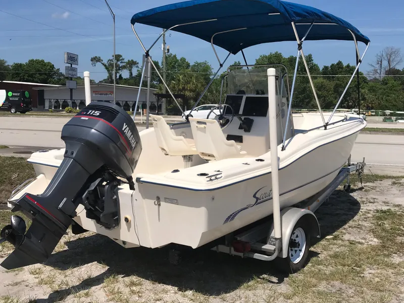Slide: The Image of Scout 185 Sportfish 2001 with Yamaha engine on trailer. - 9
