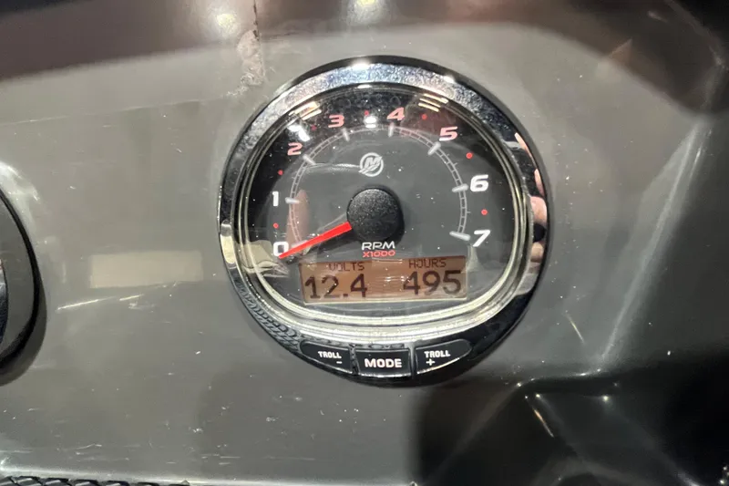 Slide: The Image of Close-up of 2022 Bayliner VR6 Bowrider OB tachometer displaying 495 hours. - 13