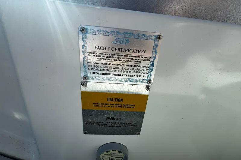 Slide: The Image of Yacht certification and caution labels on a 2004 Formula 280 Sun Sport boat. - 15