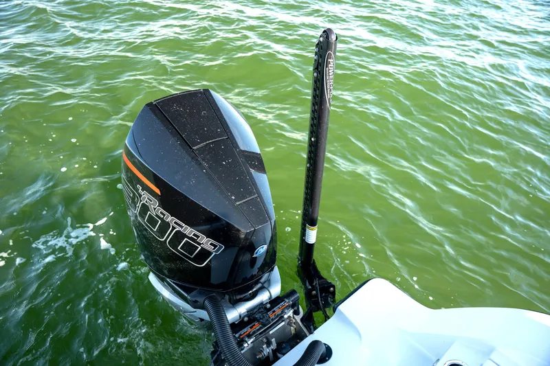 Slide: The Image of Outboard motor on Freeman 28 boat, 2024 model, in green water. - 29