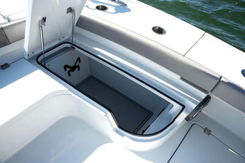 Slide: The Image of 2024 Freeman 28 boat storage compartment open, showcasing spacious interior design. - 4