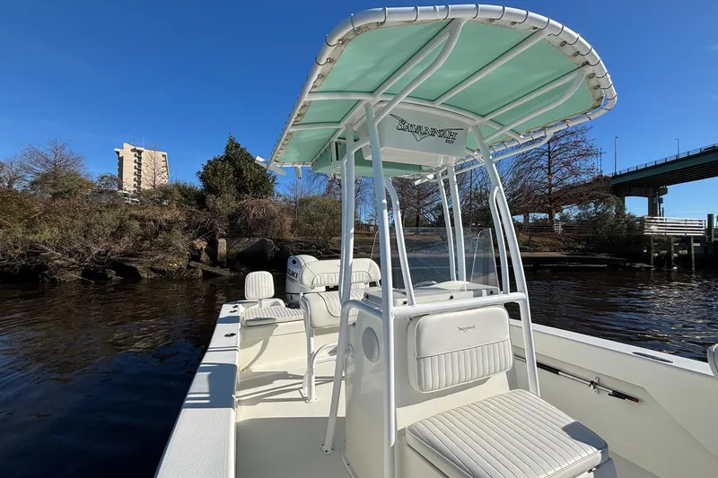 Slide: The Image of Savannah SS21 boat, 2021 model, docked near a bridge and trees under a clear blue sky. - 5