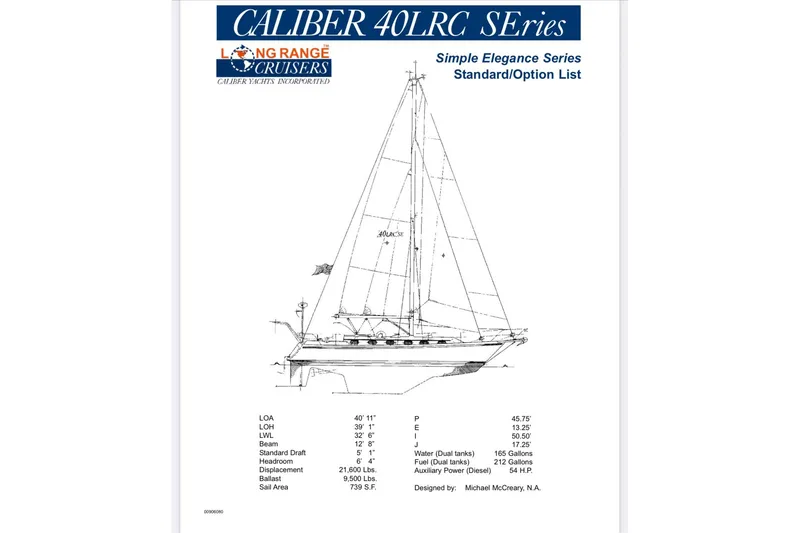 Slide: The Image of Caliber 40LRC Series sailboat specifications and design by Michael McCreary, 1997 model. - 34