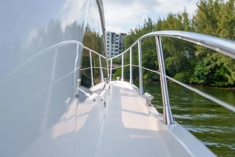 Slide: The Image of 2013 Sunseeker Portafino yacht radar and equipment against blue sky. - 41