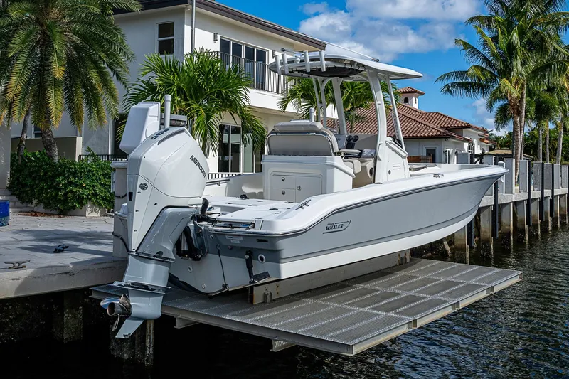 Slide: The Image of 2023 Boston Whaler 250 Dauntless boat docked by waterfront home with palm trees. - 24