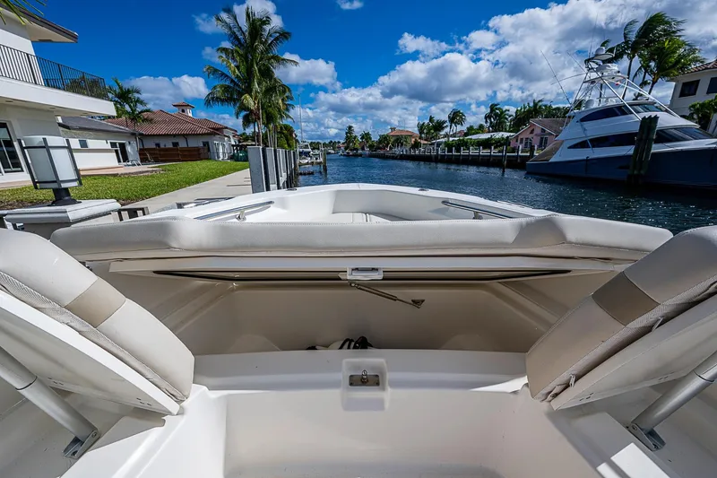 Slide: The Image of 2023 Boston Whaler 250 Dauntless boat docked by a scenic waterfront. - 4