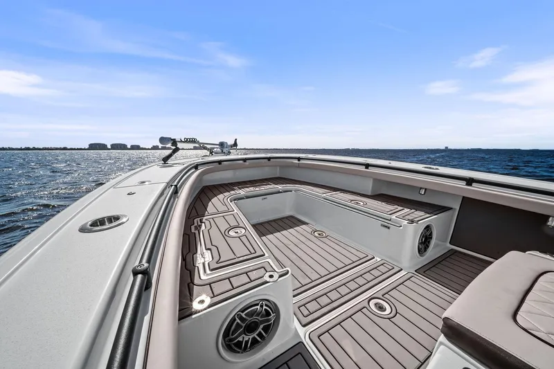 Slide: The Image of 2021 Barker Boatworks 26 Open, spacious deck view on open water. - 29