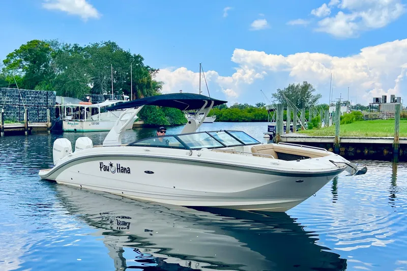 The Image of 2019 Sea Ray SDX 290 Outboard boat cruising on a calm river under a blue sky. - 0