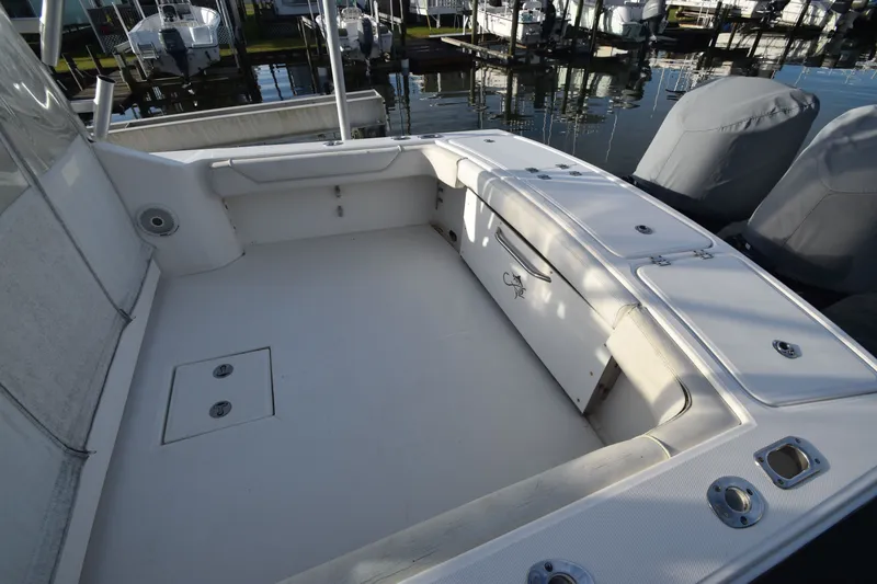 Slide: The Image of Interior of a 2017 Albemarle 25 Express boat at the dock. - 2