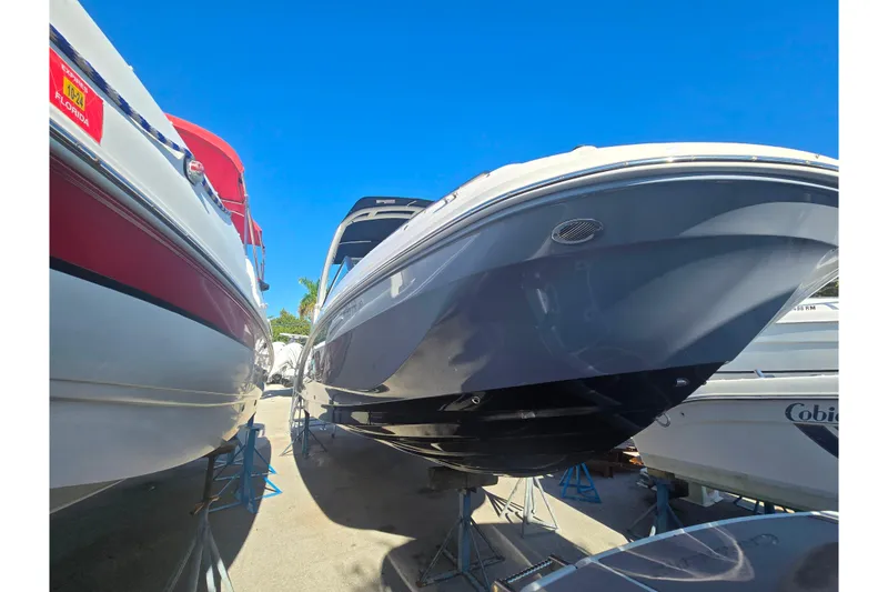 Slide: The Image of 2024 Sea Ray SDX 250 Outboard boat displayed outdoors under clear blue sky. - 14