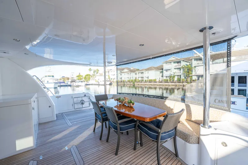 Slide: The Image of Luxurious 2016 Horizon PC52 yacht deck with elegant dining area and waterfront view. - 38