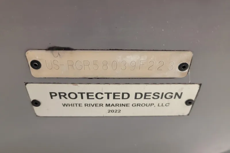 Slide: The Image of 2023 Ranger Z521R boat identification and protected design plate by White River Marine Group. - 37