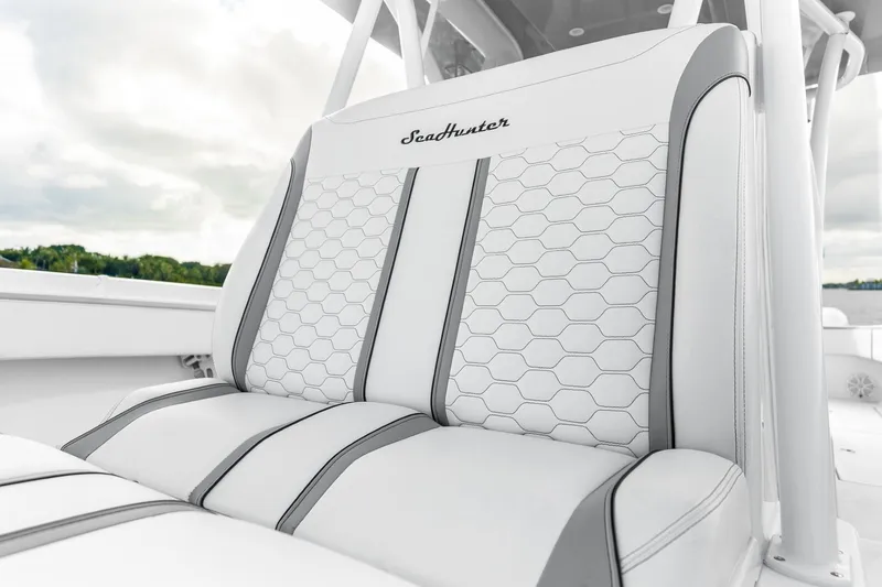 Slide: The Image of 2021 SeaHunter 39 Tournament boat seat with hexagonal pattern and sleek design. - 6