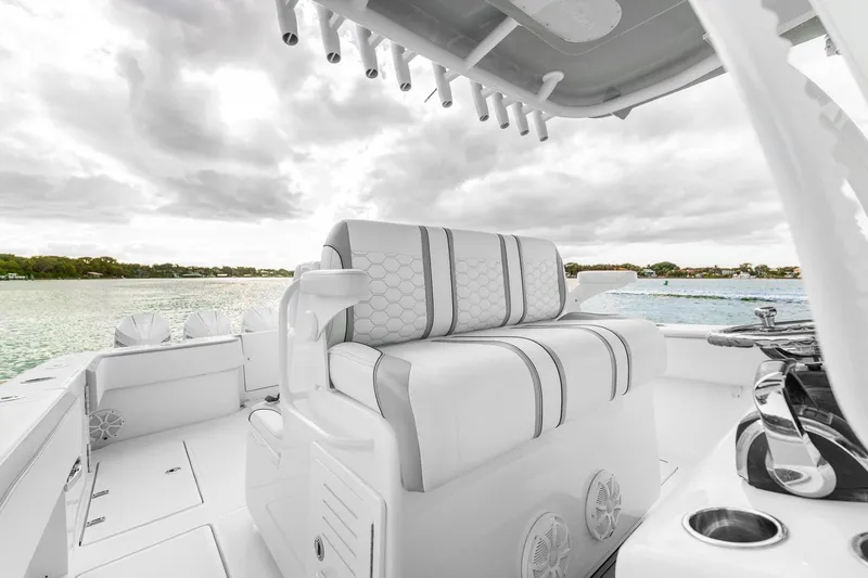 Slide: The Image of 2021 SeaHunter 39 Tournament boat interior with luxurious seating and scenic water view. - 7