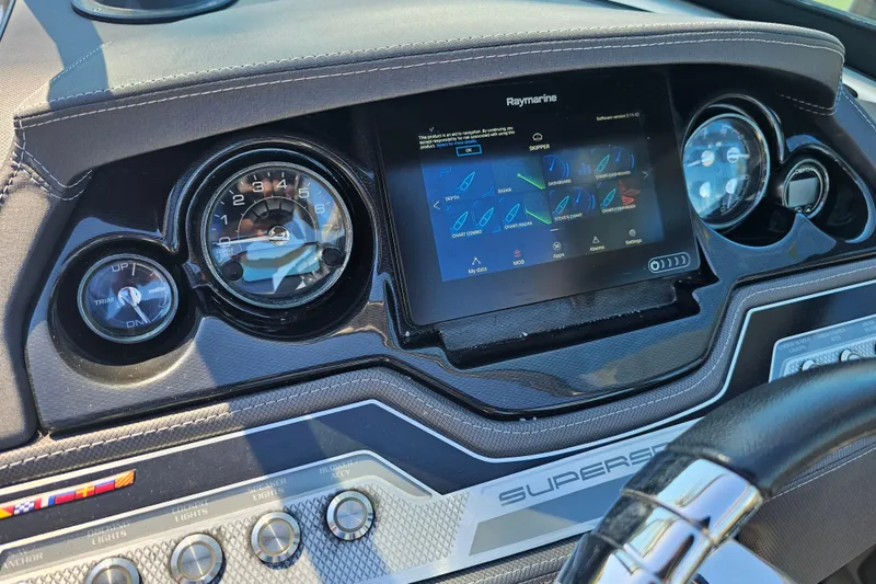 Slide: The Image of Dashboard of 2020 Monterey 275SS Super Sport boat with digital display and gauges. - 25