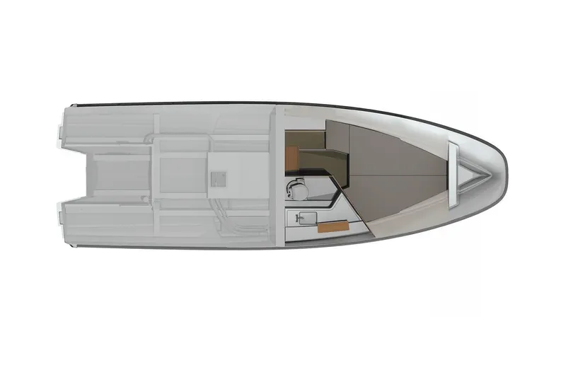 Slide: The Image of Top view of 2025 Nimbus T9 boat interior layout, showcasing cabin and seating arrangement. - 11