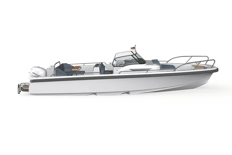 Slide: The Image of 2025 Nimbus T9 boat, sleek design, white hull, modern seating, and outboard motor. - 10