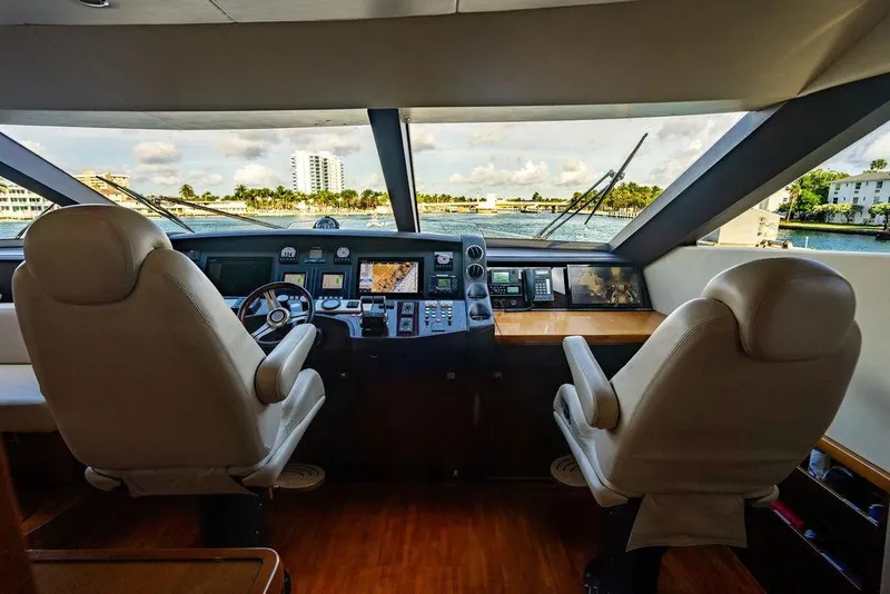 Slide: The Image of Interior view of 2010 Princess 95 Motor Yacht helm with dual seats and navigation controls. - 157